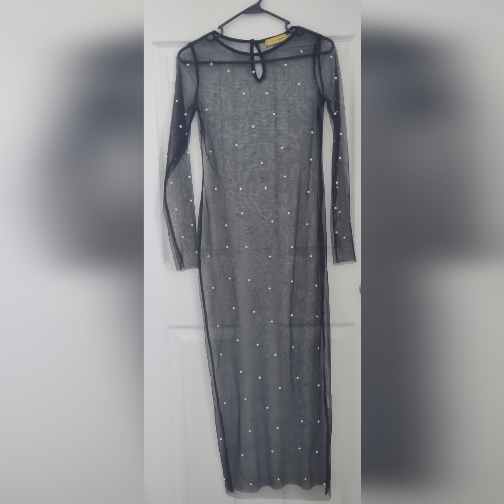 sheer black all over pearl sheath dress